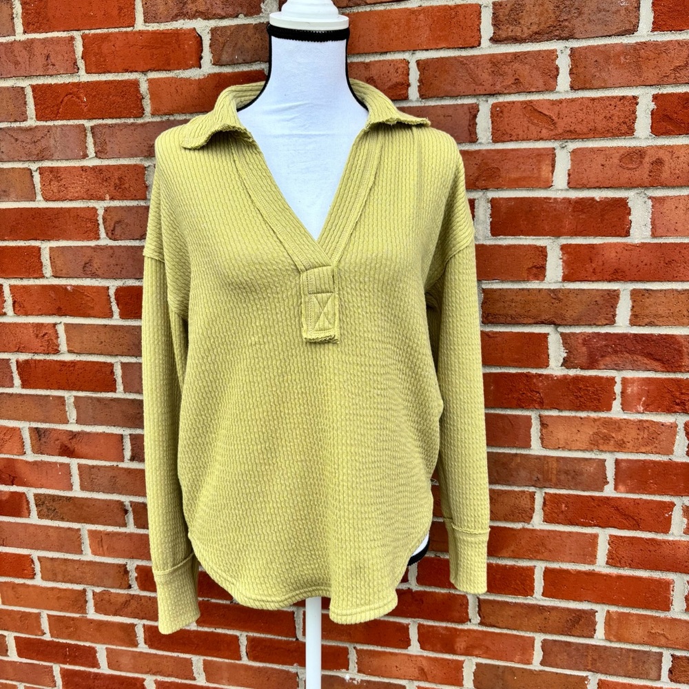 Blu Pepper Green Ribbed Knit Johnny Collar V-Neck Polo Shirt Womens Small